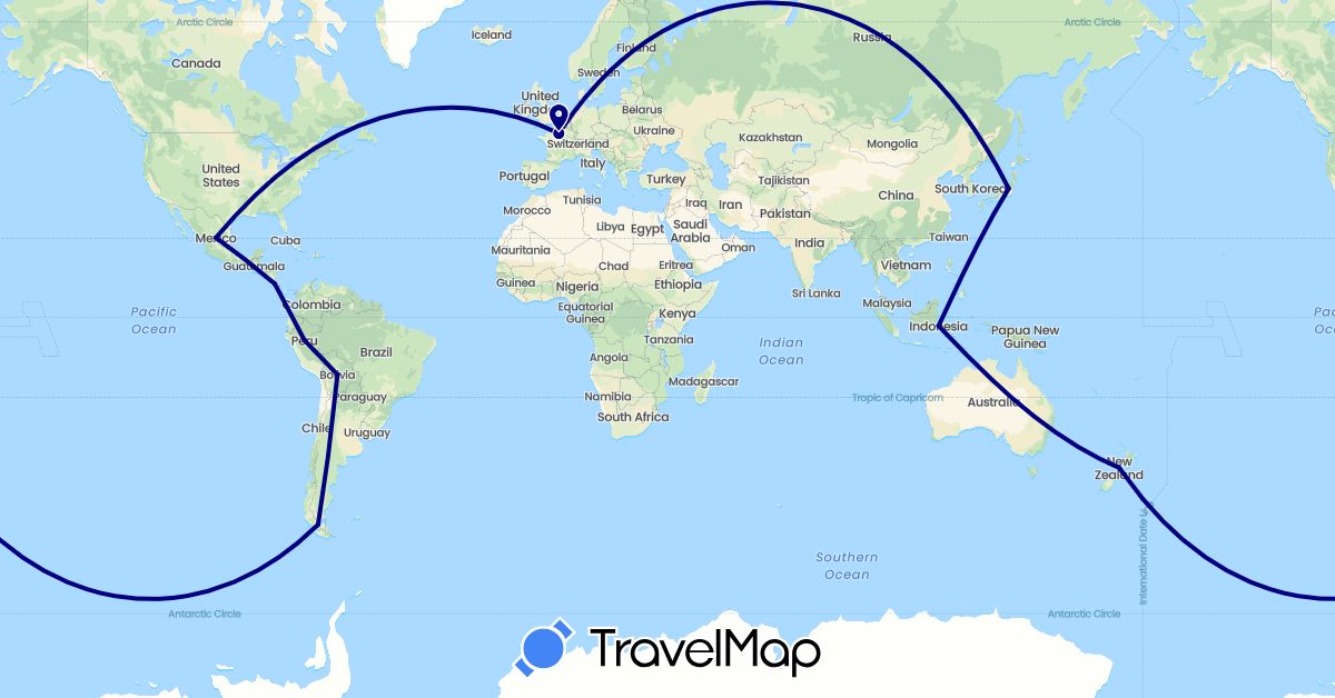 TravelMap itinerary: driving in Bolivia, Chile, Costa Rica, France, Indonesia, Japan, Mexico, New Zealand, Peru (Asia, Europe, North America, Oceania, South America)
